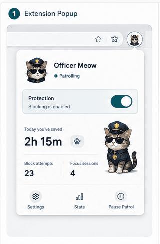 Officer Meow browser extension popup showing targets and patrol status