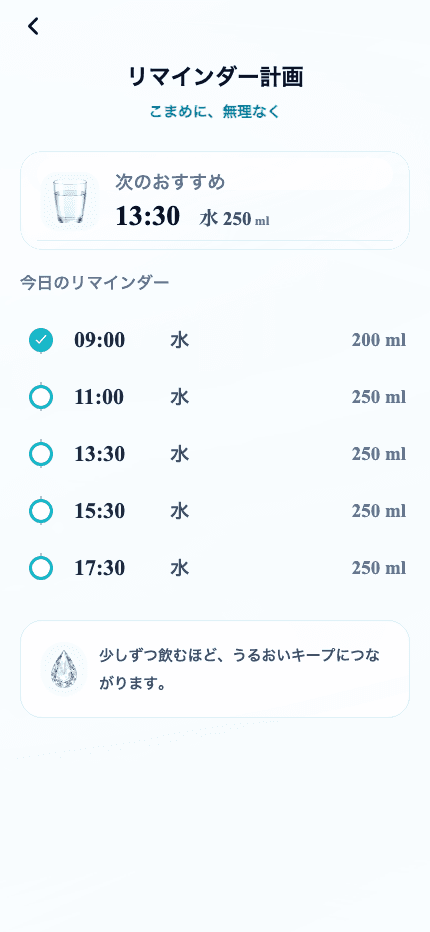 Aqualia reminder plan screenshot showing the next suggested drink and timeline
