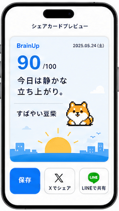 BrainUp share editor screenshot showing a styled result card ready to share
